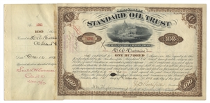 John D. Rockefeller Signed Stock Certificate for Standard Oil Trust -- Signed by Rockefeller as President in 1883